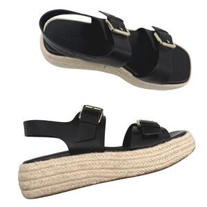 NEW Nordstrom‎ AVILA Espadrille Sandals Black Leather Platform WOMEN 10 BUCKLE